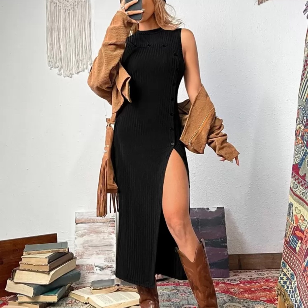 Long body conscious tank dress with button accents and side slit